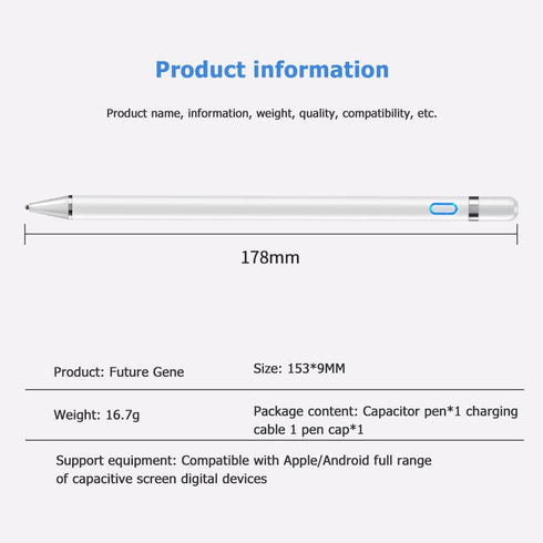 Rechargeable Active Stylus Pencil Compatible with Apple iPad, Fine Point Stylist for Touch Screens and Other Tablets
