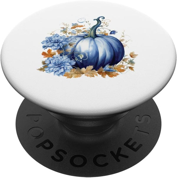 Blue Watercolor Pumpkin Fall Flowers Autumn PopSockets Standard PopGrip