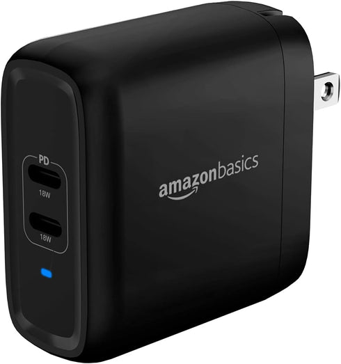 Amazon Basics 36W Dual Port USB-C Wall Charger with Power Delivery, Foldable Plug, for