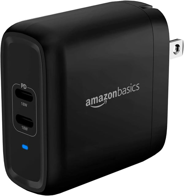 Amazon Basics 36W Dual Port USB-C Wall Charger with Power Delivery, Foldable Plug, for