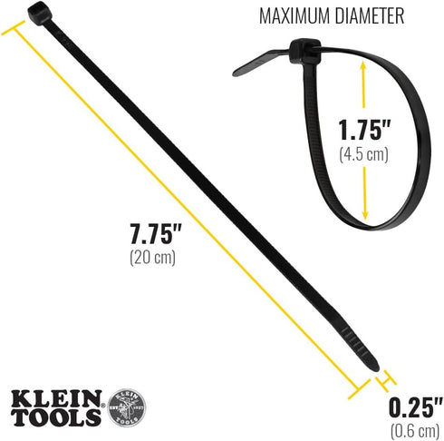 Klein Tools 450-200 Cable Ties, 100-Piece Heavy Duty Nylon Zip Ties, 50-Pound Tensile Strength, 7.75-Inch, Black