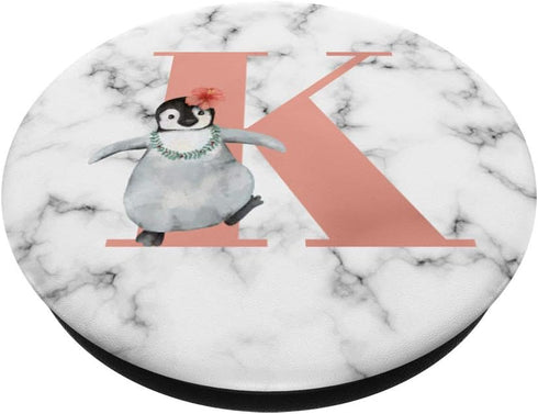 Cute Penguin With Flower Pink Color Letter K PopSockets Swappable PopGrip