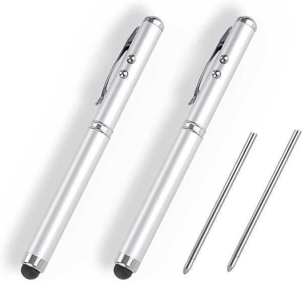 Metal Multi-Function Pen, Touch Screen Stylus, Flashlight with White Light, Creative Gifts (2 Silver)