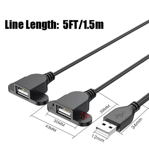 Guo USB Charging Extension Cable Male to Dual Female, USB 2.0 Charging Port 1 to 2 Panel Mount for Mobile Phones