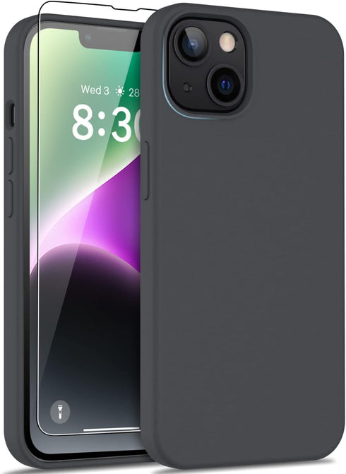 DEENAKIN iPhone 14 Plus Case with Screen Protector, Soft Liquid Silicone Gel Rubber Bumper Cover, Dark Grey