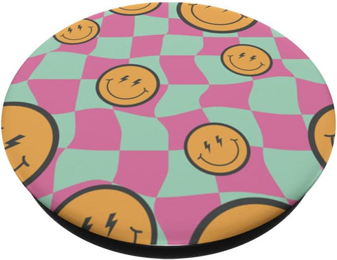 Retro Pink Yellow Twisted Swirl Happy Smiling Face Checkered PopSockets Swappable PopGrip
