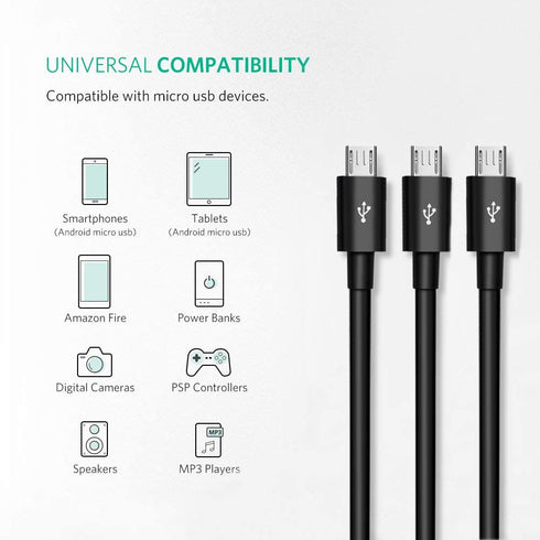 Herfair 3-in-1 Micro USB Splitter: 3 USB to Multi Micro USB Adapter, 480Mbps Data Sync for all Micro USB devices.