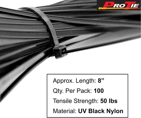 Pro Tie Standard Duty Self-Locking UV Nylon Cable Wire Ties, 8-Inch, 100-Pack - UV Black, 50 lbs. Tensile Strength