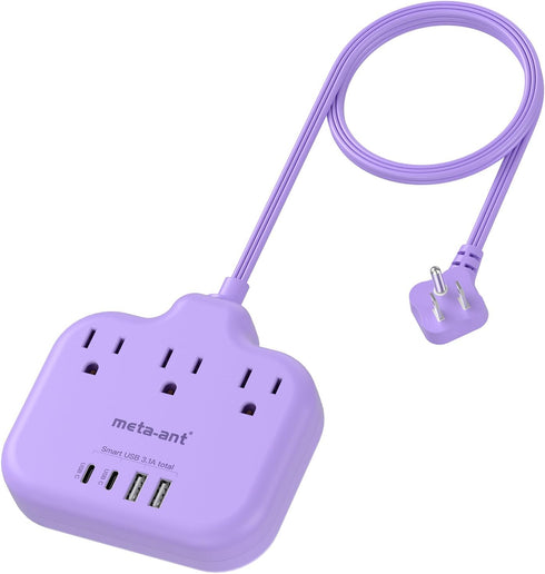 meta-ant Purple Extension Cord with 3 AC Outlets and 4 USB(2 USB-C) Ports,