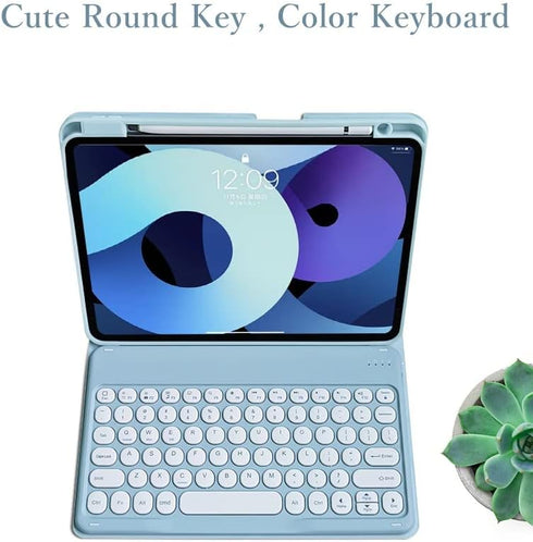 Mist Blue Keyboard Case with Removable Cute Round Key Bluetooth Mouse for iPad 9th 8th 7th Generation Air 3rd Gen Pro