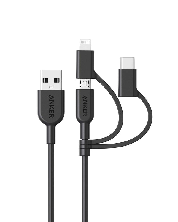 Anker Powerline II 3-in-1 Cable (3ft, Black) for iPhone, iPad, Samsung Galaxy, Huawei, HTC, LG, Sony Xperia, Android.