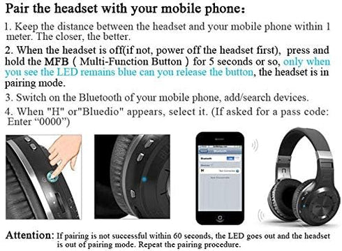 Bluedio V5.0 Bluetooth Headphones Over Ear, Wireless On-Ear Stereo Earphones with Noise Cancelling, Black