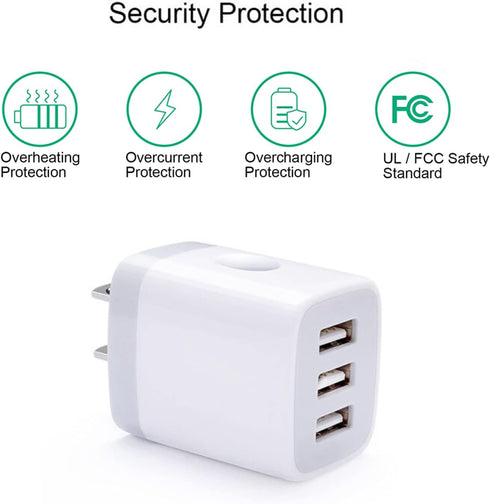 USB Wall Charger Adapter 18W/3Amp Fast Multiple 3-Ports Plug Charger Block Cube Box USB Brick Charging Base Compatible