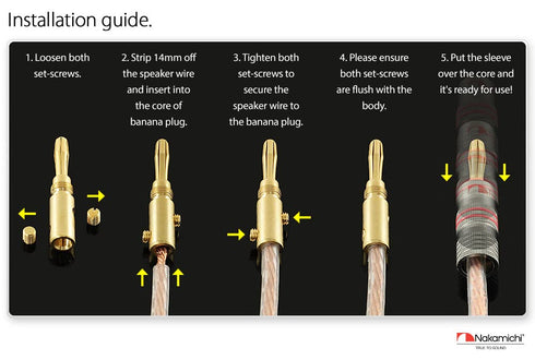 Nakamichi Ultimate Series 24K Gold Plated Beryllium Red Copper Banana Plug, 12-18 AWG Gauge Size, 4mm Connector, 10 Pcs