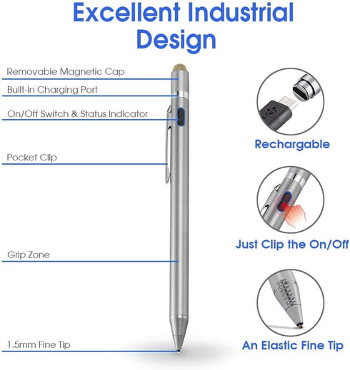 2-in-1 Active Stylus Digital Pen with 1.5mm Ultra Fine Tip for iPad, iPhone, Samsung Tablets, Good for Drawing and