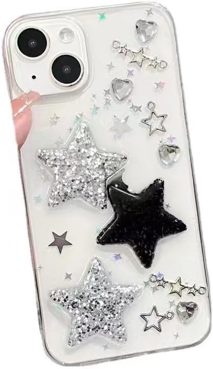 iPhone 15 Plus Case, Clear Bling Stars 3D Hearts Diamond Twinkle Star Glitter Soft TPU for Women Girls Teens