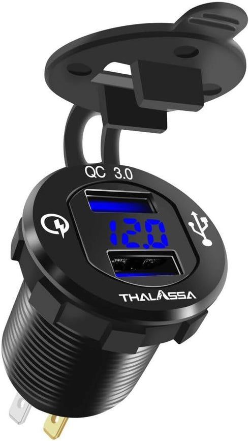 QC 3.0 Dual USB Fast Charger Socket - Digital Display of Battery Voltage 12V/24V, Double USB Port Power Outlet for