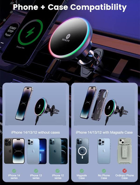 MOKPR for MagSafe Car Mount Charger, Wireless Magnetic Car Phone Holder for iPhone 15/14/13/12 Series with QC 3.0