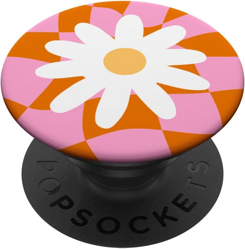 Cute Pink Orange Checker Daisy Flower Pattern PopSockets Standard PopGrip
