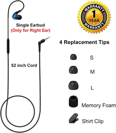 Mono Earbud with Mic & Control, Wired One Ear Headset for Cell Phones & Laptops, Over Ear Hook, Ideal for Sports &