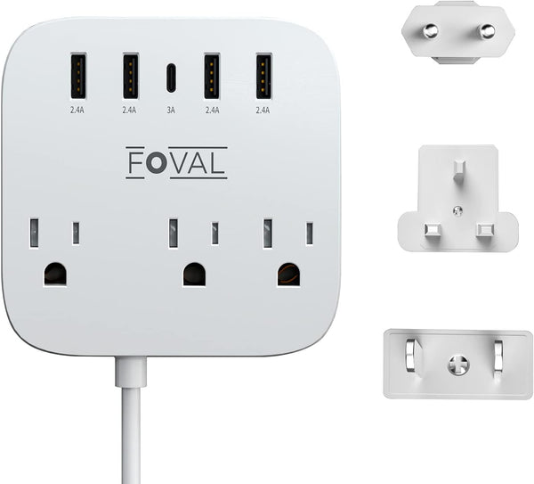 European Travel Plug Adapter, FOVAL EU UK US Power Strip with USB C, 4 USB Ports, 3 AC Outlets