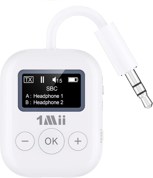 1Mii Bluetooth 5.3 Transmitter w/Screen for TV to 2 Headphones, aptX AD/LL/HD Hi-Fi