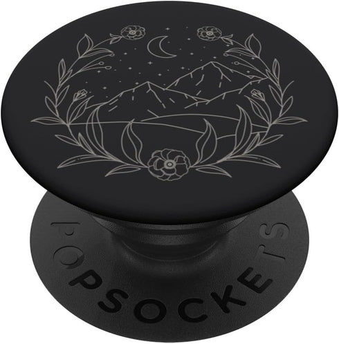 Boho Mountain Moon Night Botanical Floral PopSockets Adhesive PopGrip, Ash Black