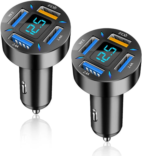 Car Charger 66W Super Fast Charging - USB 2.4A & QC 3.0 (Voltmeter & LED Lights) Universal Quick Charge for 12-24V Car