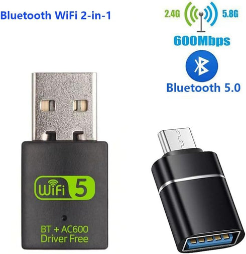 USB WiFi Adapter, 600Mbps USB WiFi Bluetooth Adapter with USB to USB C Adapter, Dual Band 5G/2.4G Wireless Network