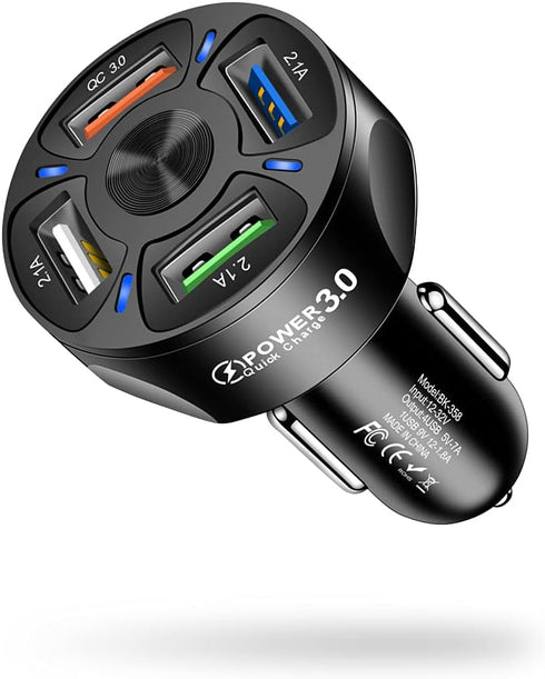 Car Charger Adapter, 4 Ports USB Fast QC3.0 with LED Light Display, Compatible with iPhone 12 Pro Max, Galaxy S20 Ultra
