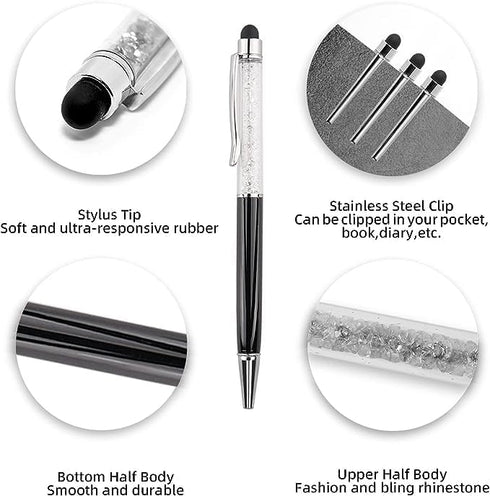 Bling Ballpoint Pens Crystal Diamond Pen Capacitive Touch Screen Stylus with Replacement Refills Rubber Tips for iPhone iPad Kindle Touchscreen Devices 3Pcs Writing Pen (Black)