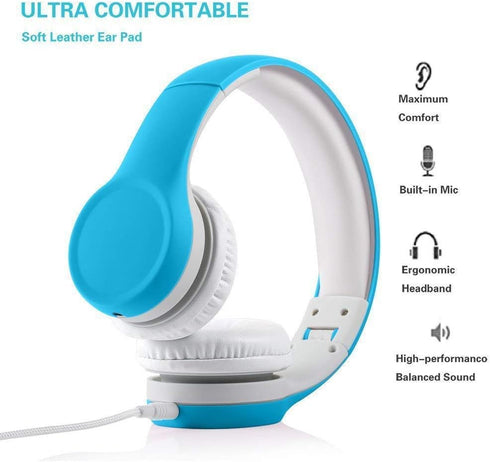 Kids Headphones with Cord, Toddler Sharing Function, 85dB/93dB Safe Volume Limit for Children, School, Travel (Blue)