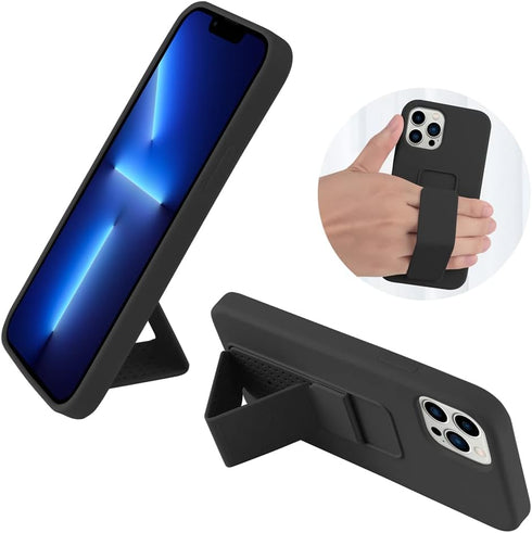 LAUDTEC Silicone Kickstand Case for iPhone 13 Pro Max, Flexible Soft Liquid Silicone with Hand Strap (Black)