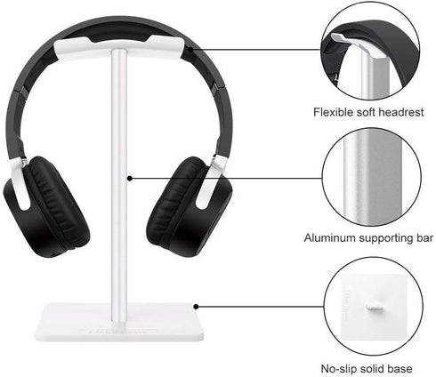 Headphone Stand Headset Holder Gaming Headset Holder with Aluminum Supporting Bar Flexible Headrest Anti-Slip Earphone Stand for All Headphones, White