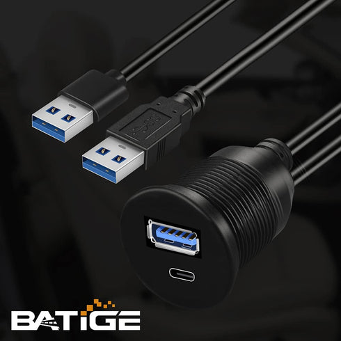 BATIGE USB 3.0 to Type C Car Mount Flush Cable, Dual Port Male to Female Waterproof Extension - 3ft