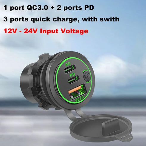 3 Ports 18W USB Car Charger with Switch, 12-24V QC 3.0 USB & Dual PD USB C Cigarette Lighter Socket Outlet, Dashboard Mount Quick Charge Charger for Car Motorcycle Truck Marine Boat, Red