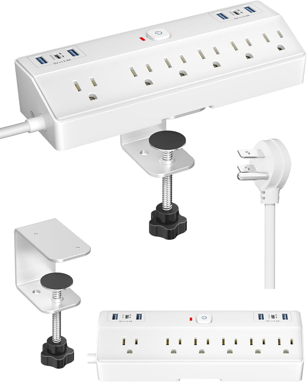 Fararaka Desk Clamp Power Strip, 40W Fast Charging Station, Desktop Mount Surge Protect
