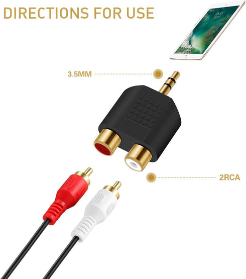 3.5mm to RCA Splitter Adapter Gold Plated 3.5mm Male Stereo to 2 RCA Female Jack Y Plug Audio Converter (2 Pack)