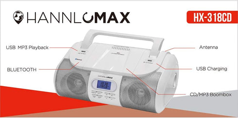 HANNLOMAX HX-318CD Portable CD/MP3/USB Boombox, Bluetooth, FM PLL Radio, Dual Power Source, 1 USB Port for Charging