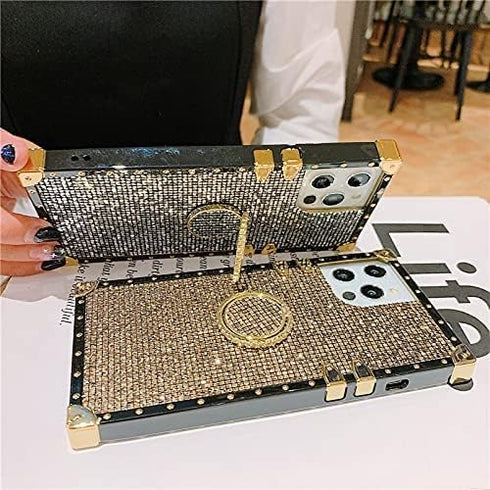 Bling Case for iPhone 12 Pro Max 6.7" Soft TPU Cover with Ring Kickstand Holder, Glitter Gold Corner, Gray