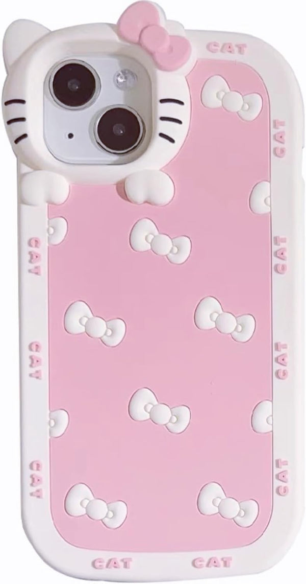 AUCAN Cute Silicone Case for iPhone 15 6.1", Pink Kawaii Soft Funny Shockproof Classic Cat Bow Cover for Girls Women
