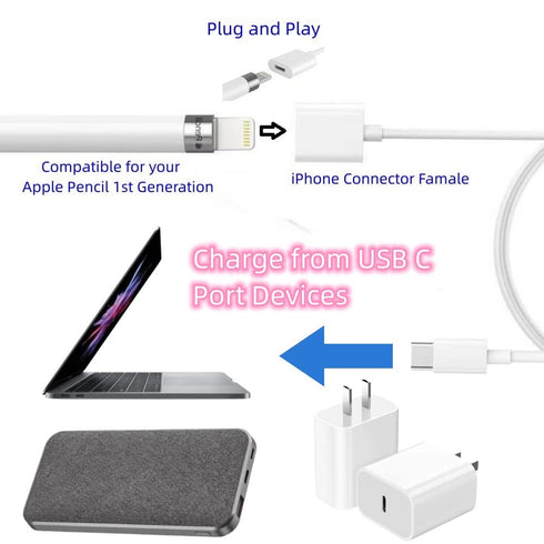 Design for USB C to Apple Pencil Adapter 3.3FT Apple Pencil Charger Compatible with Apple Pencil 1st Generation Protect i Pad Battery & i Pad USB C Port,Charge from USB C Charger,Power Bank,Laptop