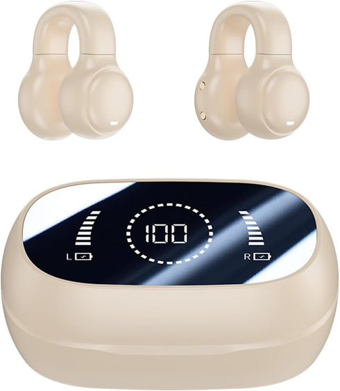 Wireless Earbuds Open Ear Clip Headphones, Air Conduction Sport Bluetooth 5.3 Headphones with LED Power Display (Yellow)