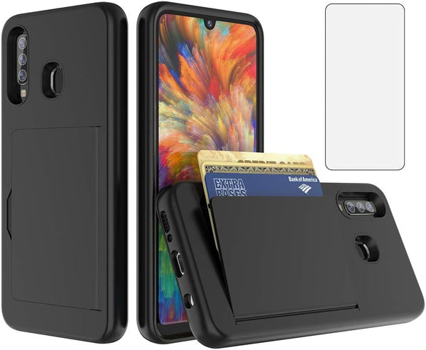 Asuwish Phone Case for Samsung Galaxy A11 with Black Credit Card Holder Slot, Tempered Glass Protector