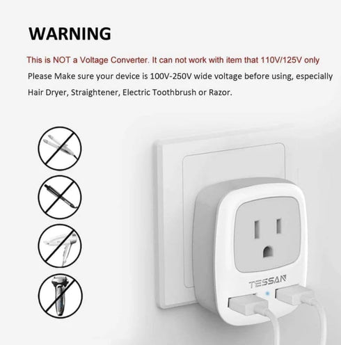 TESSAN European Travel Plug Adapter, International Power Plug with 2 USB Ports, Type C Charger for US to Europe