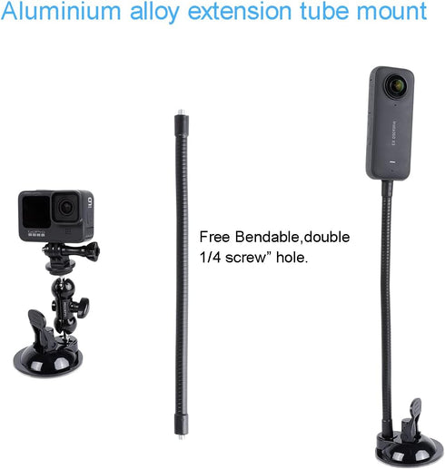 PellKing Suction Cup Mount for Insta360 X3/X2/X, GoPro with 27cm Extension Tube and Double Ball Head Adapter