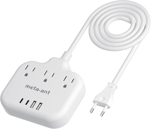European Travel Plug Adapter, US to European with 3 American Outlets & 4 USB, 5ft Power Cord for Travel