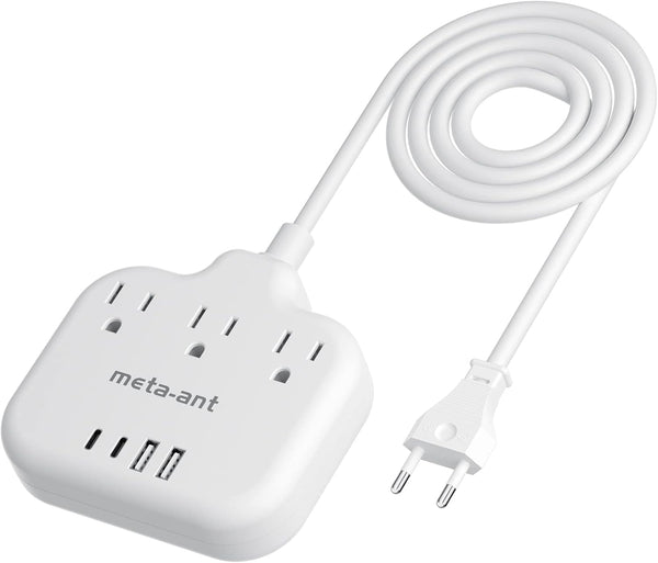 European Travel Plug Adapter, US to European with 3 American Outlets & 4 USB, 5ft Power Cord for Travel