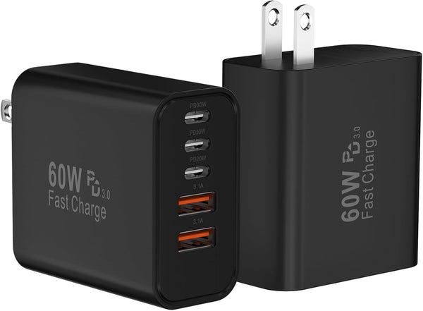 USB C Fast Wall Charger Block, 2 Pack 60W PD+QC Multiport Power Adapter for iPhone 16/15/14/13/12/11/Pro Max