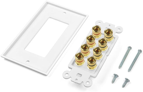 Banana Binding Post Two-Piece Coupler Inset Wall Plate for 4 Speakers, Standard Single Gang White